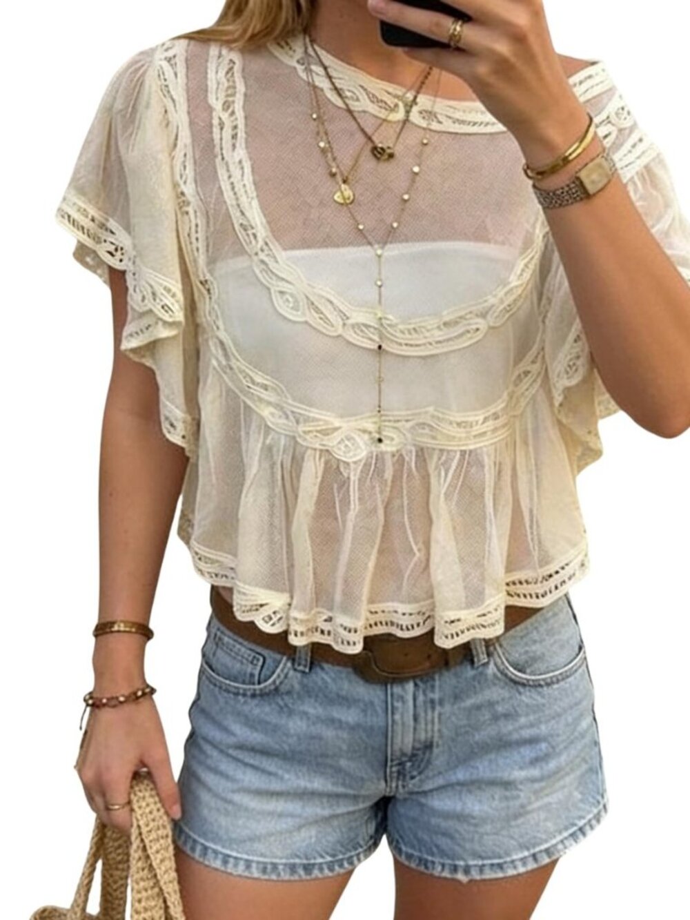 Women Sheer Poncho Top Lace Boho Ruffle Mesh Babydoll Cape Summer Going Out